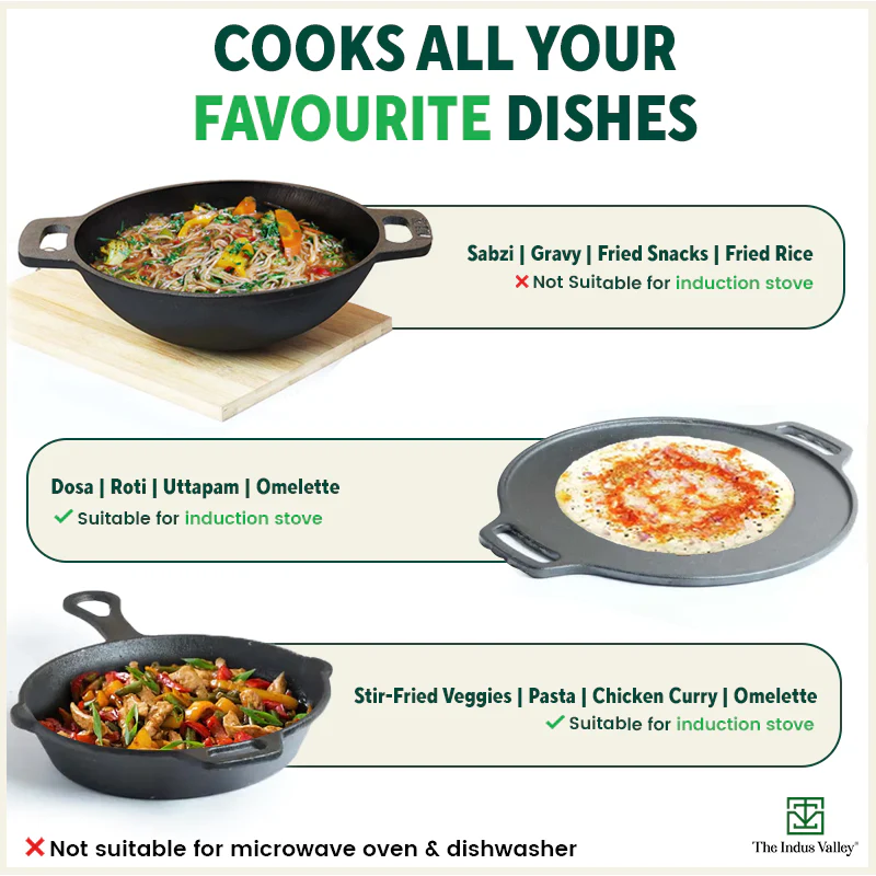 CASTrong Cast Iron Cookware Set: (30cm)Tawa+ (25.4cm)Kadai+ (22.9cm)Fry Pan, Kitchen Set for Home, Pre-seasoned, 100% Pure, Toxin-free, Free ₹400 Tadka Pan - Image 11