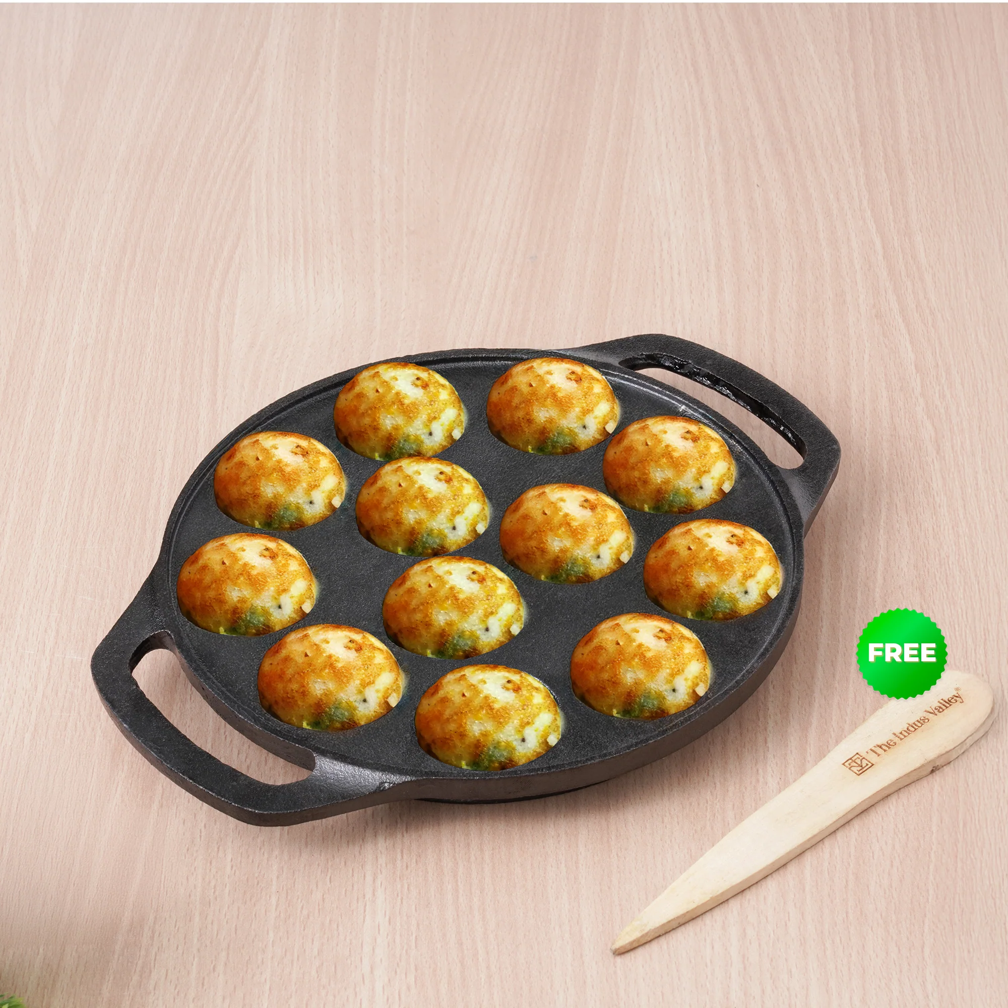 12 Pit/Cup CASTrong Cast Iron Kuzhi Paniyaram/Paddu Pan/Appe Maker 21 cm, Pre-seasoned, 100% Pure, Toxin-free, Gas & Induction, Free Spatula