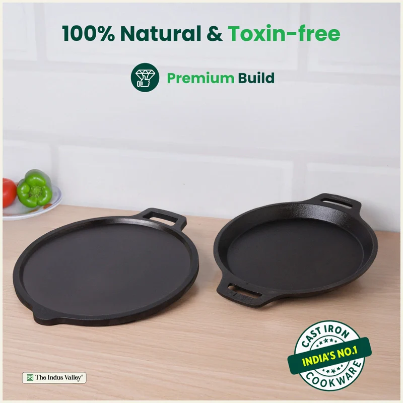 CASTrong Cast Iron Combo - Tawa [27.5 cm] + Fish Fry Pan [22.5 cm] + Free Wooden Flip, Pre-seasoned, 100% Pure, Toxin-free, Induction Compatible - Image 4