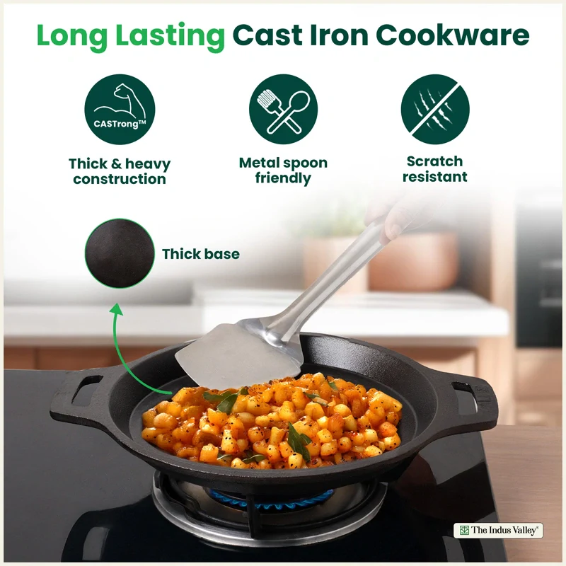 CASTrong Cast Iron Combo - Tawa [27.5 cm] + Fish Fry Pan [22.5 cm] + Free Wooden Flip, Pre-seasoned, 100% Pure, Toxin-free, Induction Compatible - Image 8