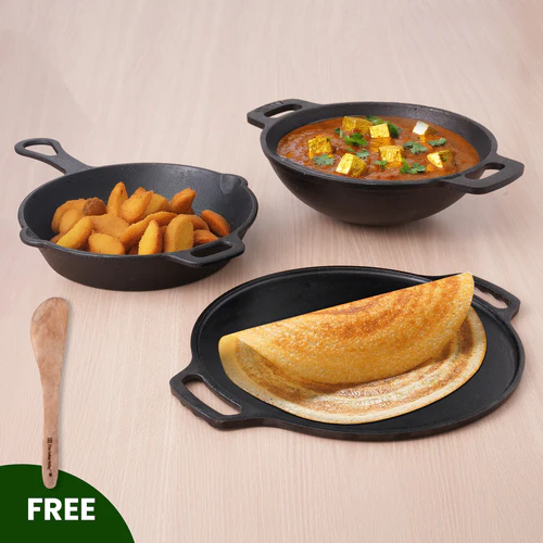 CASTrong Cast Iron Cookware Set: Free ₹110 Spatula +(30.5cm)Tawa+(25.4cm)Kadai+(22.9cm)Fry Pan, Kitchen set for Home, Pre-seasoned,100% Pure,Toxin-free
