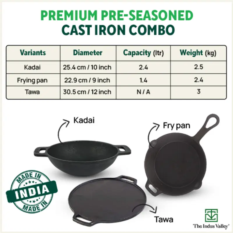 CASTrong Cast Iron Cookware Set: Free ₹110 Spatula +(30.5cm)Tawa+(25.4cm)Kadai+(22.9cm)Fry Pan, Kitchen set for Home, Pre-seasoned,100% Pure,Toxin-free - Image 2