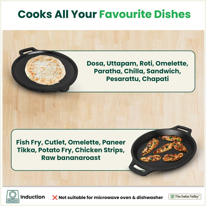 CASTrong Cast Iron Cookware Set - Tawa [27.5 cm] + Fish Fry Pan [25 cm] + Free Wooden Flip, Pre-seasoned, 100% Pure, Toxin-free, Induction Compatible - Image 9