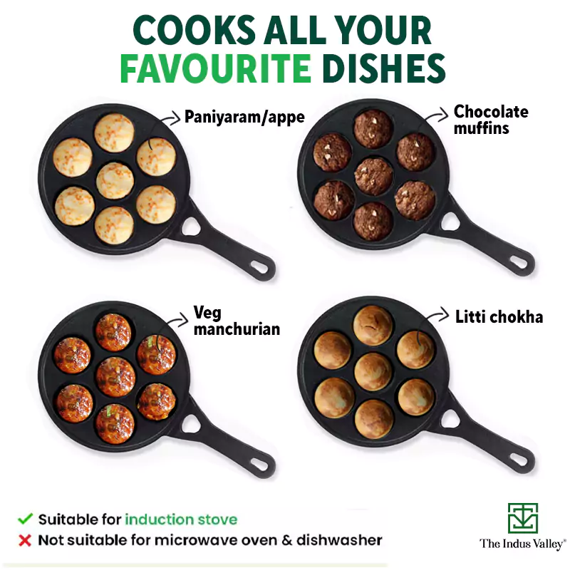 7 Pit/Cup CASTrong Cast Iron Paniyaram/Appe Pan+ Glass Lid 21 cm , Pre-seasoned, Naturally Nonstick, 100% Pure, Toxin-free - Image 11