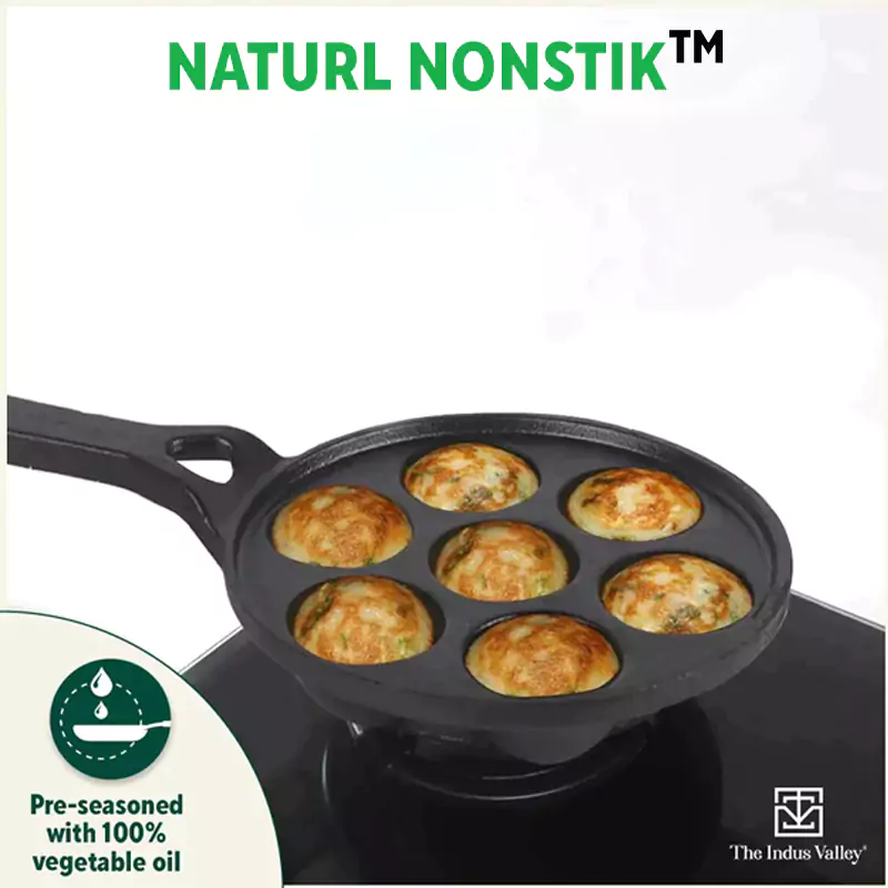 7 Pit/Cup CASTrong Cast Iron Paniyaram/Appe Pan+ Glass Lid 21 cm , Pre-seasoned, Naturally Nonstick, 100% Pure, Toxin-free - Image 8