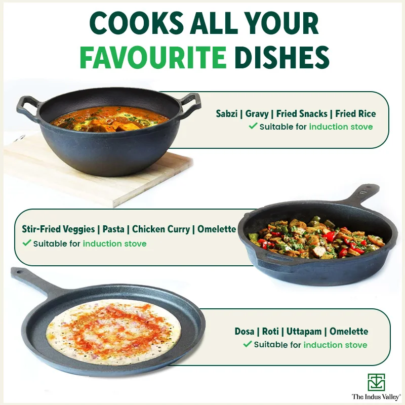 CASTrong Cast Iron Cookware Set: (25.7cm)Tawa+ (25cm)Kadai+ (25cm)Frypan, Kitchen Set for Home, Pre-seasoned, 100% Pure, Induction, Free ₹400 Tadka Pan - Image 9