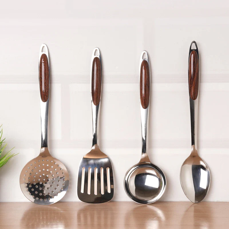 Premium Stainless Steel Ladle Set with Woody Handle Set of 4 | Solid Spoon, Slotted Turner, Skimmer & Ladle | Heat-Resistant, 100% Food-Safe, Rust-Free, Easy to Clean