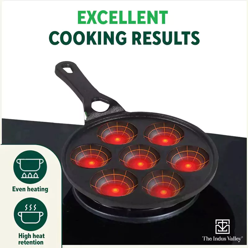 7 Pit/Cup CASTrong Cast Iron Paniyaram/Appe pan 21.5cm + Free Spatula, Round, Long handle, Pre-seasoned, Naturally Nonstick, 100% Pure, Toxin-free, 21.5cm, 1.7kg - Image 6