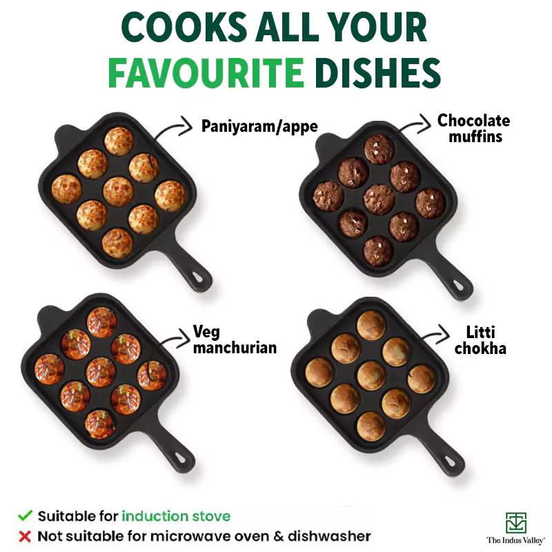 9 Pit/Cup CASTrong Cast Iron Paniyaram/Appe pan 18.5cm + Free Spatula, Square, Long handle, Pre-seasoned, Naturally Nonstick, 100% Pure, Toxin-free - Image 10