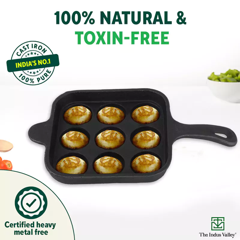 9 Pit/Cup CASTrong Cast Iron Paniyaram/Appe pan 18.5cm + Free Spatula, Square, Long handle, Pre-seasoned, Naturally Nonstick, 100% Pure, Toxin-free - Image 4