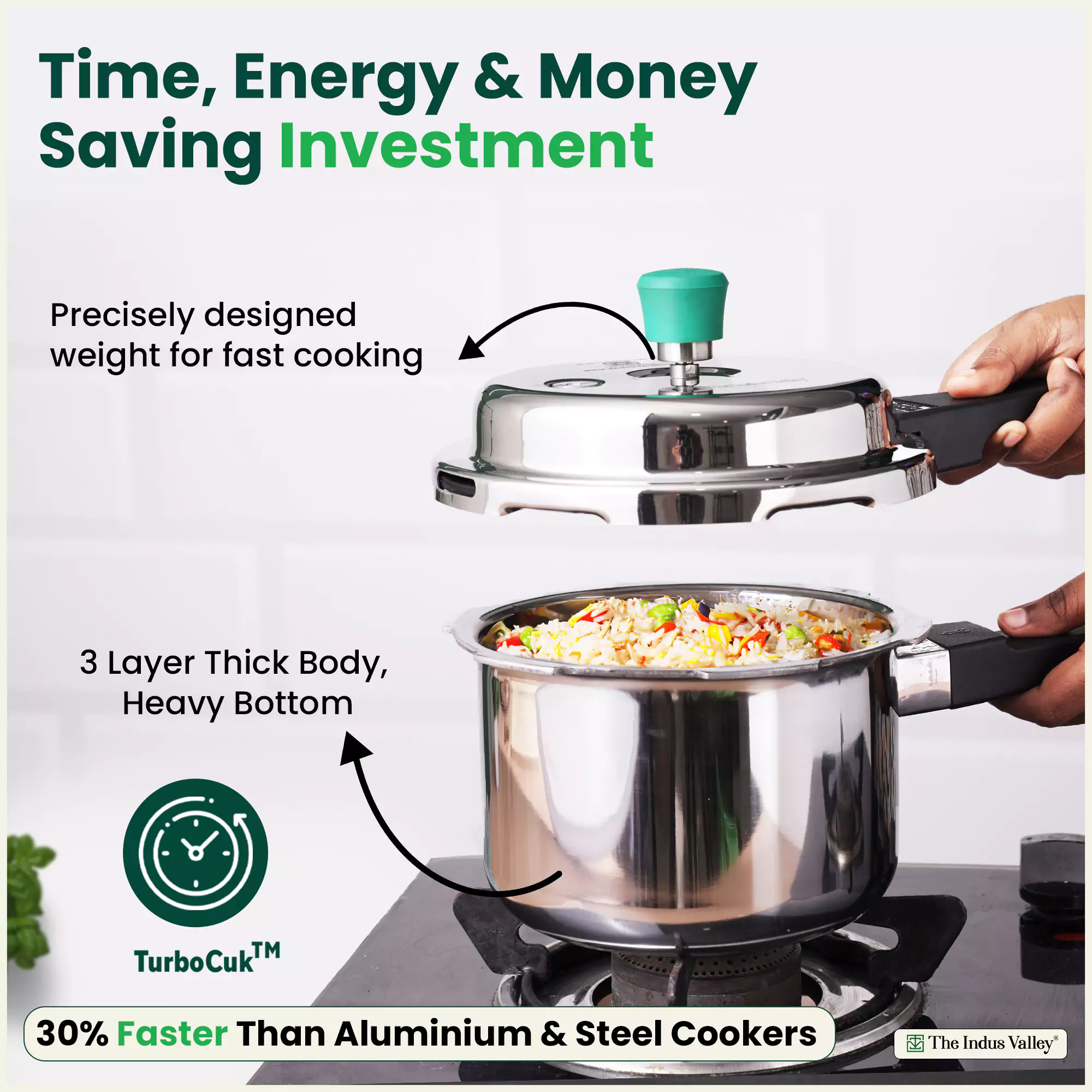 3L+5L RapidCuk Tri-ply Stainless Steel Pressure Cooker Combo, Premium Quality, 3 Layer Thick Body, Heavy Bottom, 5Yr Warranty, ISI Certified, Induction & Gas, Free ₹600 Wood Chopping Board - Image 6