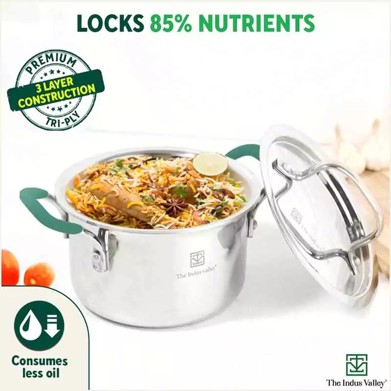 TurboCuk Tri-ply Stainless Steel Biryani Cooking Pot/Casserole 2.9L, Premium Quality, 3 Layer Thick Body, Cool Silicone Handles, 100% Toxin-free, Non-stick, Induction & Gas, Free ₹ 110 Spatula - Image 8