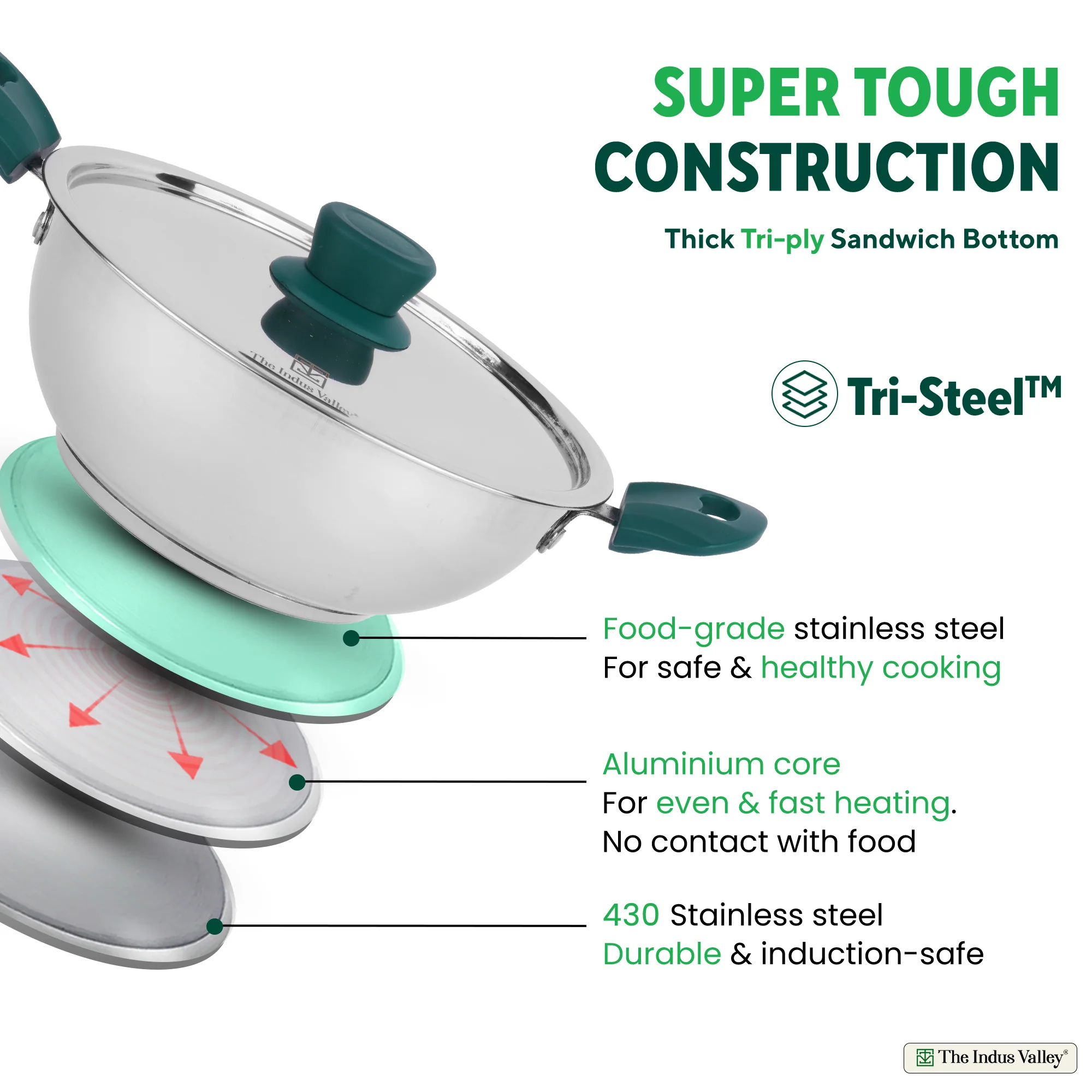 Tri-Steel Stainless Steel Kadai+ Lid 1.6/2.1/3.4/4.5 L, Premium Quality, Tri-ply (3 Layer) Bottom, Cool-touch Handles, 100% Toxin-free, Non-stick, Induction & Gas - Image 5