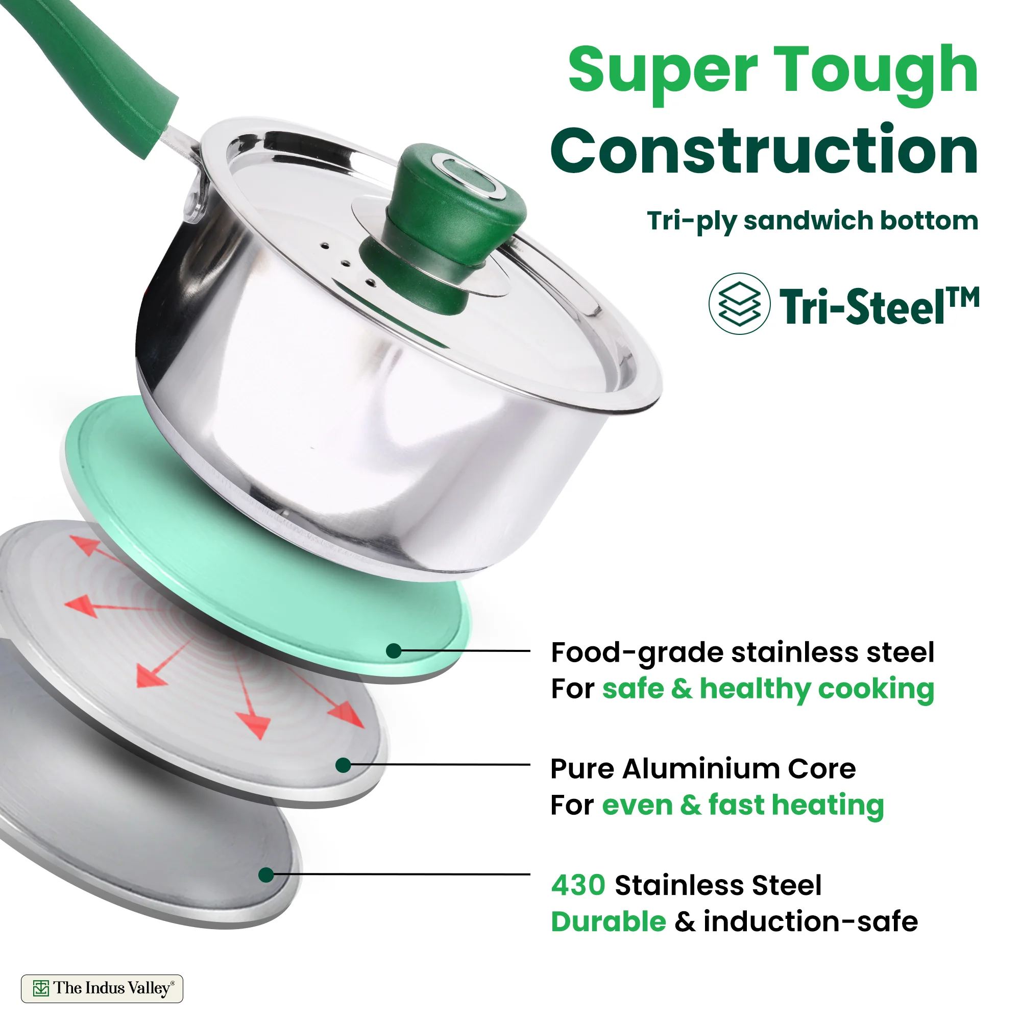 Tri-Steel Stainless Steel Tea/Milk Pan+ Lid 1/1.4 L, Premium Quality, Tri-ply (3 Layer) Bottom, Soft-touch Handle, 100% Toxin-free, Non-stick, Induction & Gas - Image 5