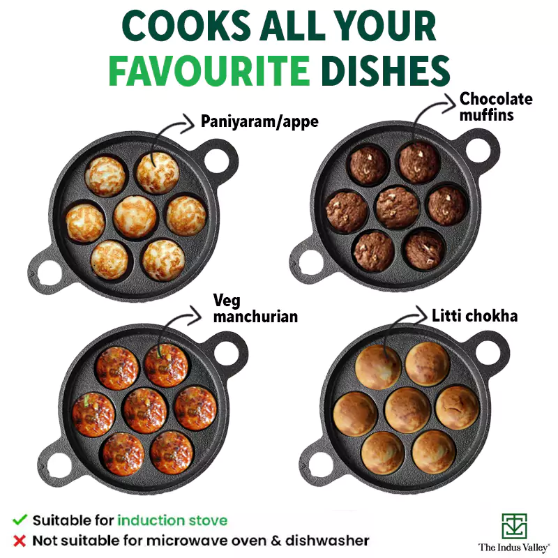 Super Smooth 7 Pit/Cup Cast Iron Paniyaram/Appe Pan 18.9cm+ Free Spatula, Pre-seasoned, Natural Nonstick, 100% Pure, Toxin-free - Image 10