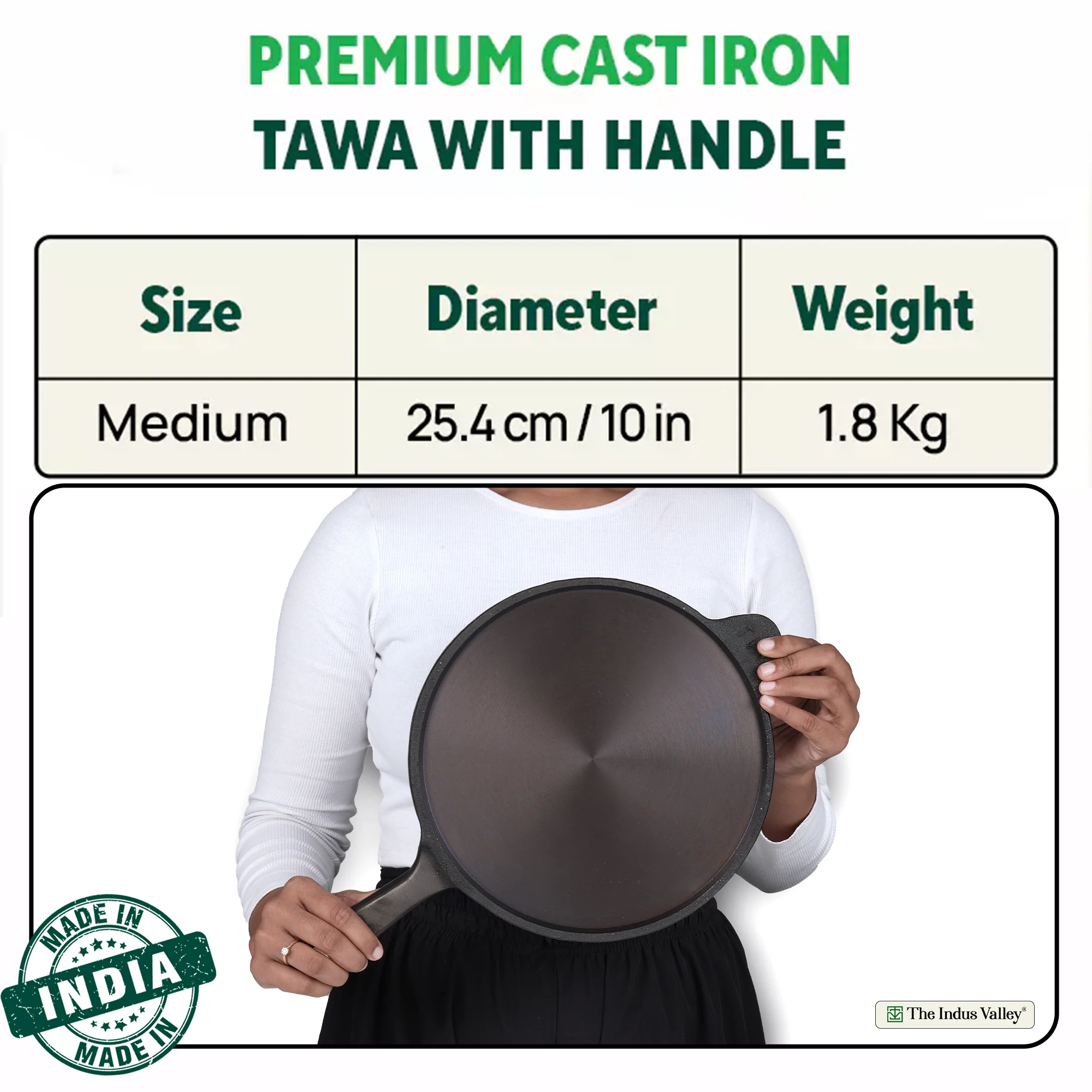 Super Smooth Cast Iron Tawa 25.4cm, Long Handle,Pre-seasoned, Naturally Nonstick, 100% Pure, Toxin-free, Induction, Free 110 Spatula - Image 2