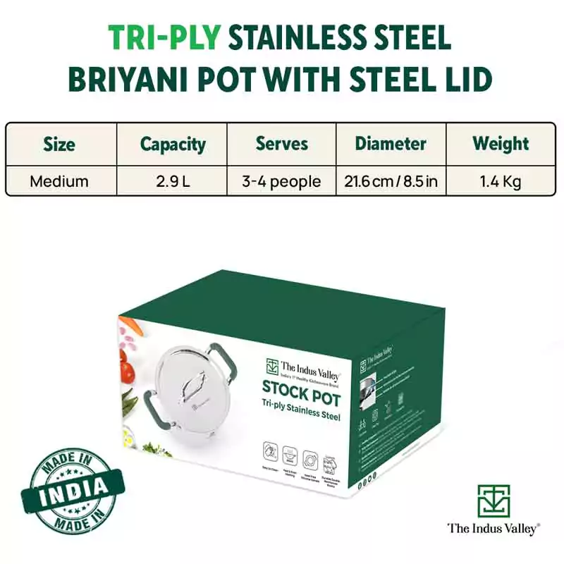 TurboCuk Tri-ply Stainless Steel Casserole/Biryani Cooking Pot 2.9L + Steel Lid, Premium 3 Layer Body, Cool Silicone Handles, Induction, Non-stick - Image 4