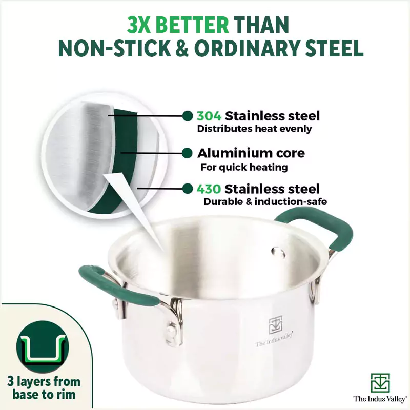 TurboCuk Tri-ply Stainless Steel Casserole/Biryani Cooking Pot 2.9L + Steel Lid, Premium 3 Layer Body, Cool Silicone Handles, Induction, Non-stick - Image 6