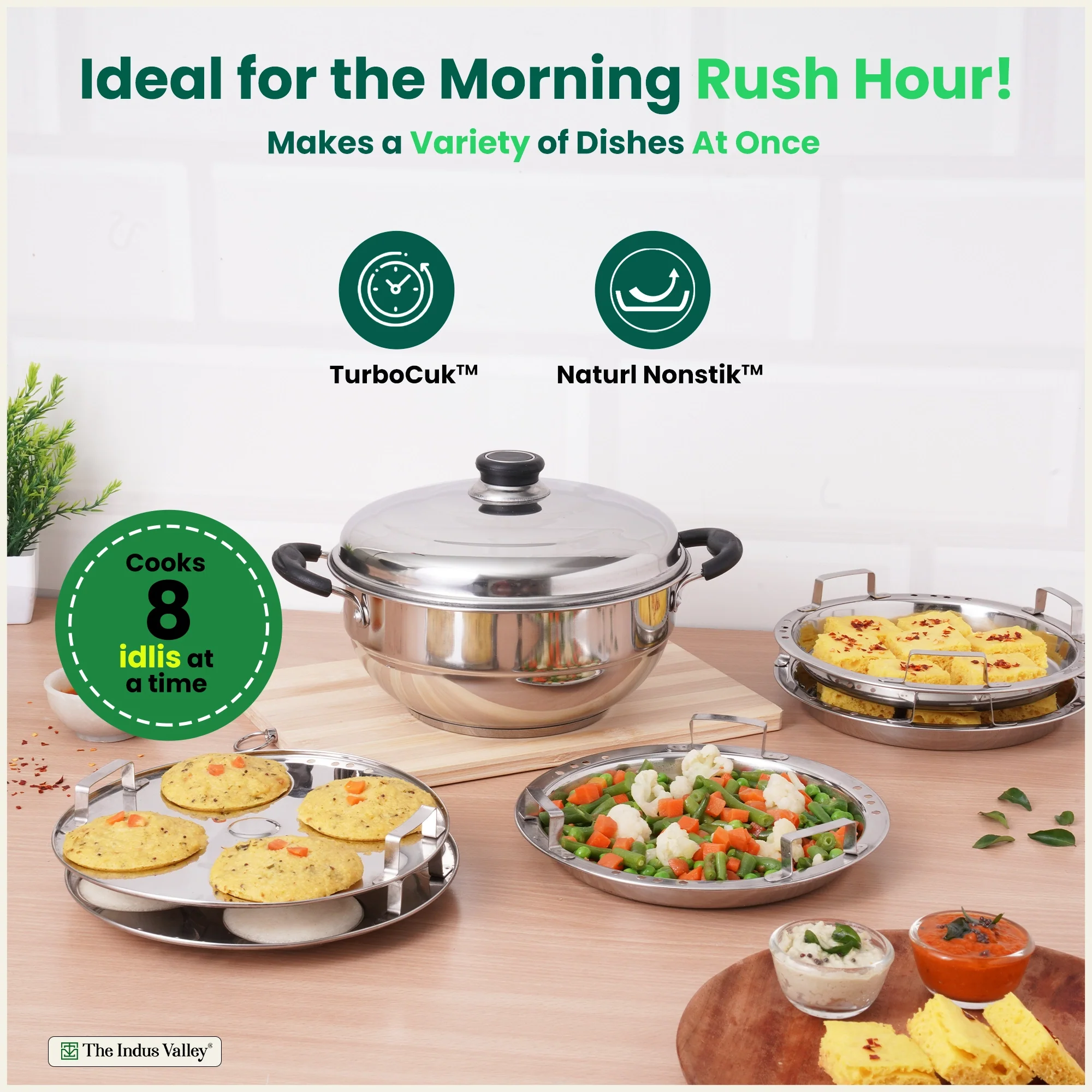 8 Pit Tri-Steel Multi Pot 3L Premium Stainless Steel Idli/ Dhokla/ Momo Maker/ Veg Steaming Set, Tri-ply Induction Bottom, 5 Plates - Image 7