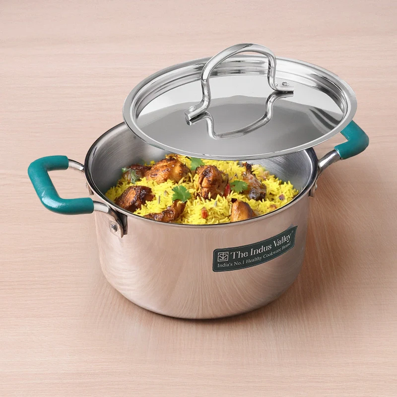 TurboCuk Tri-ply Stainless Steel Casserole/Biryani Cooking Pot 1.4L, Premium Quality, 3 Layer Thick Body, Cool Silicone Handles, 100% Toxin-free, Non-stick, Induction & Gas